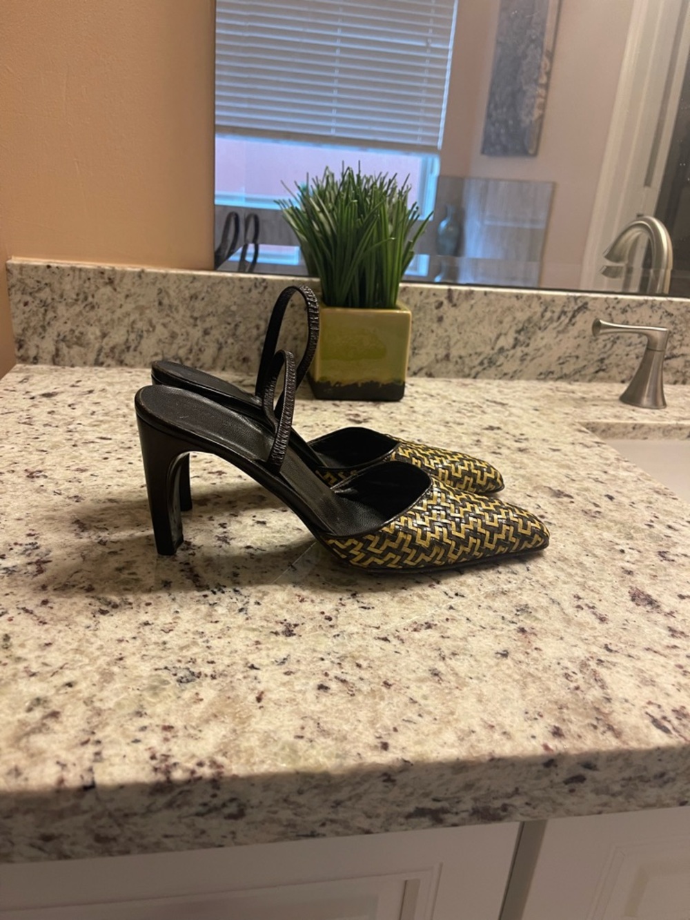 Donald Pliner Woven Yellow and Brown Slingback Heels - Picture 2 of 6